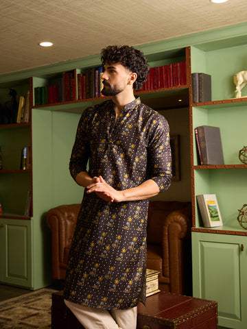 Men's Charcoal Black Printed Kurta with Mandarin Collar