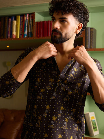 Men's Charcoal Black Printed Kurta with Mandarin Collar