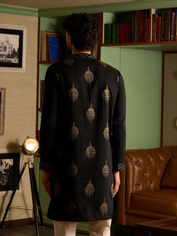 Midnight Black & Gold Foil Motif Men's Kurta