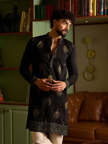 Midnight Black & Gold Foil Motif Men's Kurta