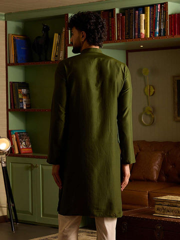 Olive Green Men's Kurta with Embroidered & Printed Panel
