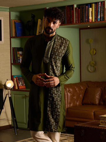 Olive Green Men's Kurta with Embroidered & Printed Panel