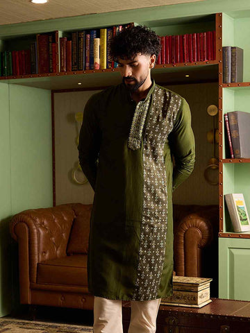 Olive Green Men's Kurta with Embroidered & Printed Panel
