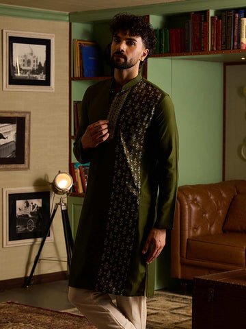 Olive Green Men's Kurta with Embroidered & Printed Panel
