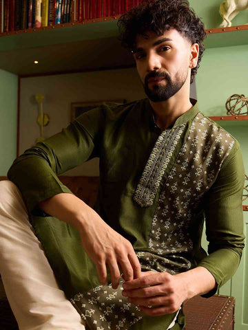 Olive Green Men's Kurta with Embroidered & Printed Panel