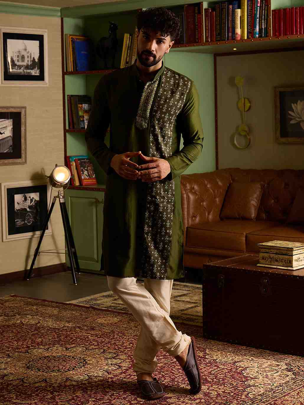 Olive Green Men's Kurta with Embroidered & Printed Panel