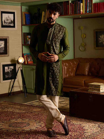 Olive Green Men's Kurta with Embroidered & Printed Panel