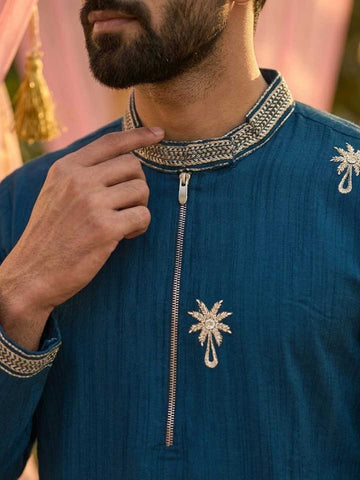 Men's Teal Blue Embroidered Kurta with Black Pant Set