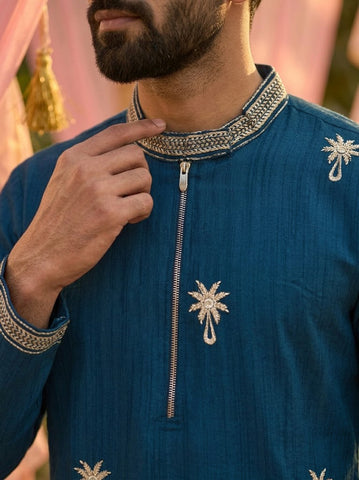 Men's Teal Blue Embroidered Silk Kurta with Mandarin Collar