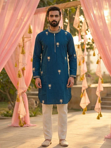 Men's Teal Blue Embroidered Kurta with Black Pant Set