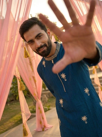 Men's Teal Blue Embroidered Kurta with Black Pant Set