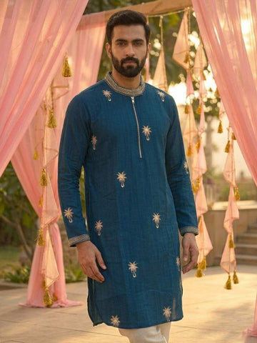 Men's Teal Blue Embroidered Kurta with Black Pant Set