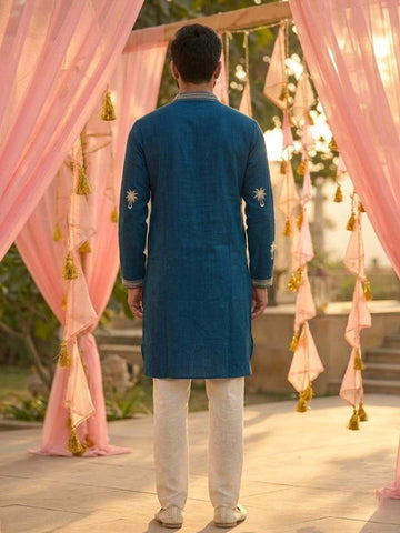 Men's Teal Blue Embroidered Kurta with Black Pant Set