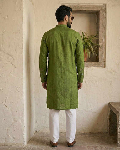 Olive Green Embroidered Silk Kurta with Zipper Neckline
