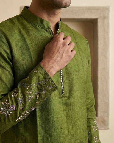 Olive Green Embroidered Silk Kurta with Zipper Neckline