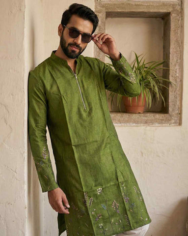 Olive Green Embroidered Silk Kurta with Zipper Neckline