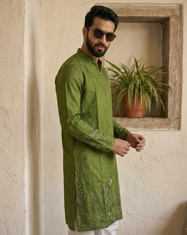 Olive Green Embroidered Silk Kurta with Zipper Neckline