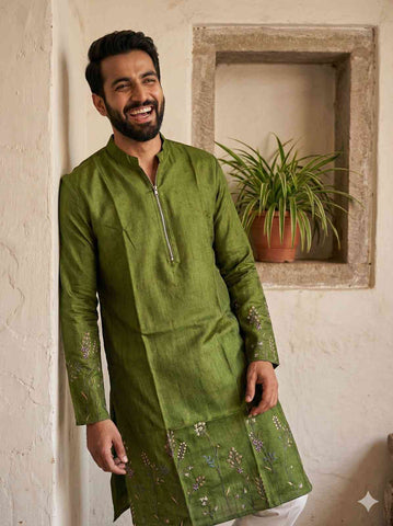 Olive Green Embroidered Silk Kurta with Zipper Neckline