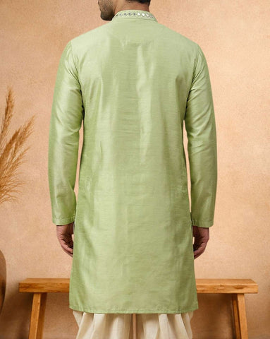 Mint Green Silk Blend Mirror Work Kurta for Men