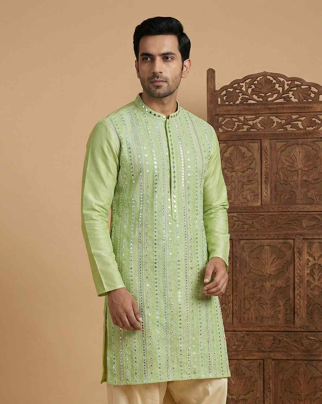 Mint Green Silk Blend Mirror Work Kurta for Men