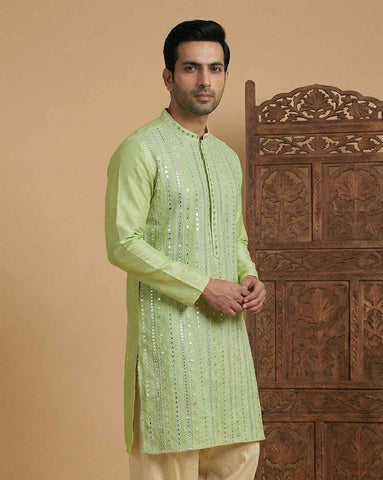 Mint Green Silk Blend Mirror Work Kurta for Men