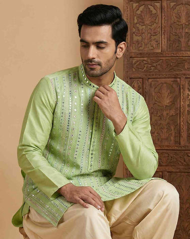 Mint Green Silk Blend Mirror Work Kurta for Men