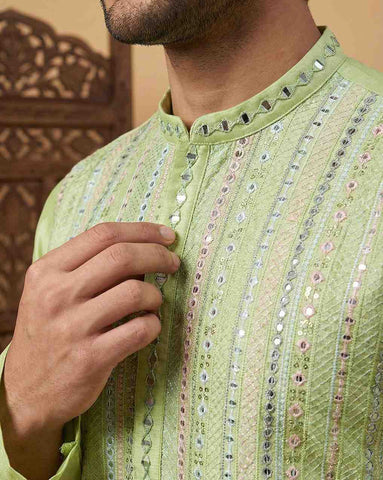 Mint Green Silk Blend Mirror Work Kurta for Men