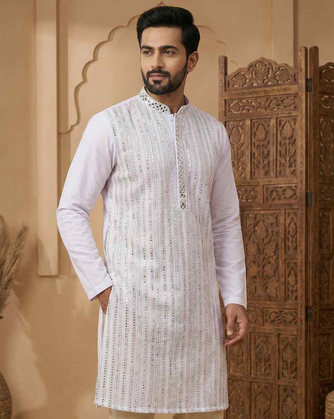 Men's Pastel Lavender Mirror Work Embroidered Kurta