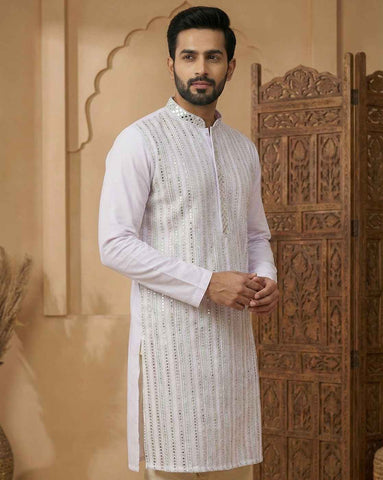 Men's Pastel Lavender Mirror Work Embroidered Kurta