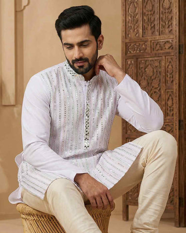 Men's Pastel Lavender Mirror Work Embroidered Kurta
