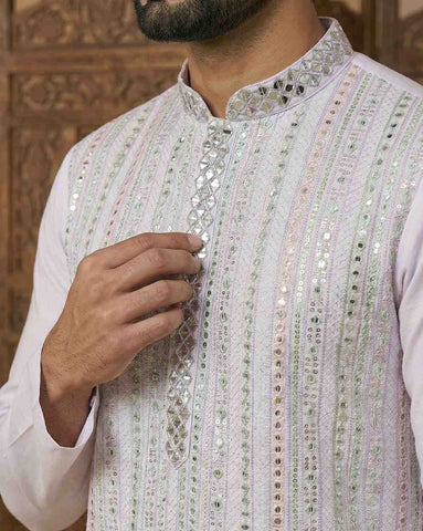 Men's Pastel Lavender Mirror Work Embroidered Kurta