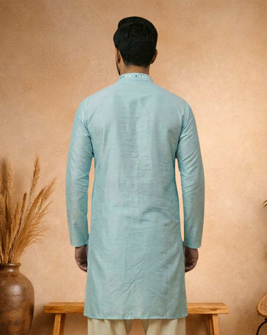 Sky Blue Silk Blend Embroidered Kurta with Mirror Work