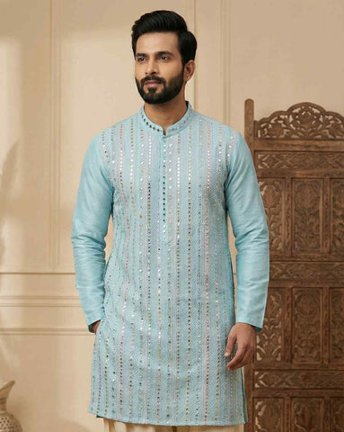 Sky Blue Silk Blend Embroidered Kurta with Mirror Work