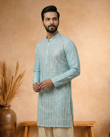 Sky Blue Silk Blend Embroidered Kurta with Mirror Work