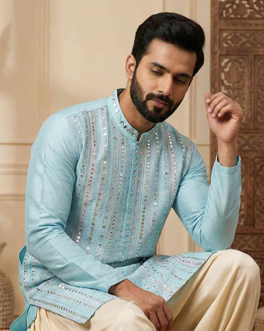 Sky Blue Silk Blend Embroidered Kurta with Mirror Work