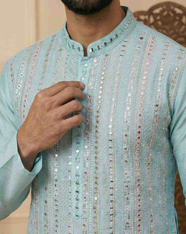 Sky Blue Silk Blend Embroidered Kurta with Mirror Work