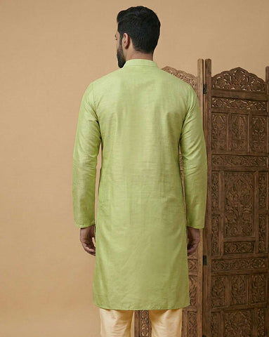 Men's Lime Green Silk Blend Kurta with Vertical Mirror Work Embroidery
