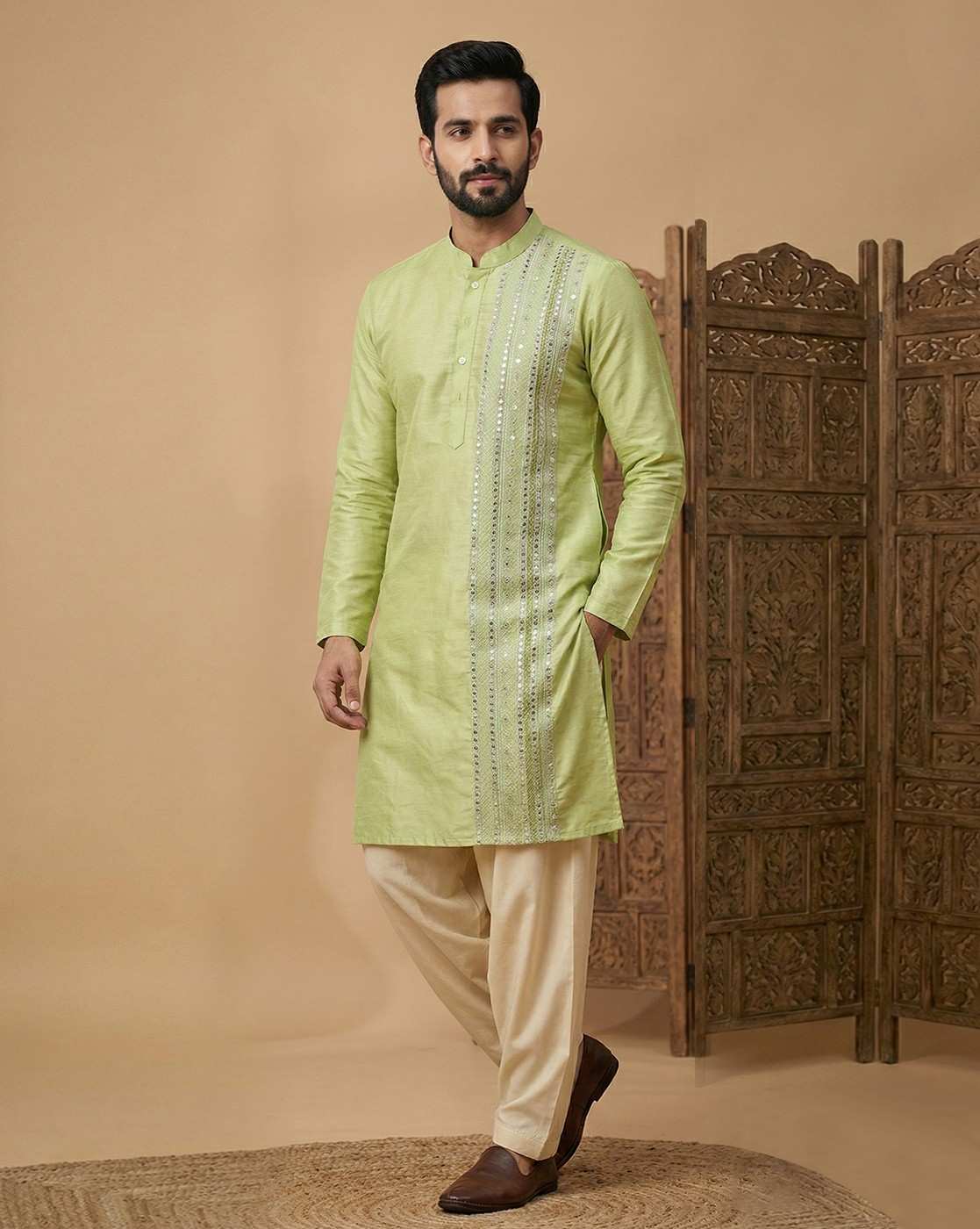 Men's Lime Green Silk Blend Kurta with Vertical Mirror Work Embroidery