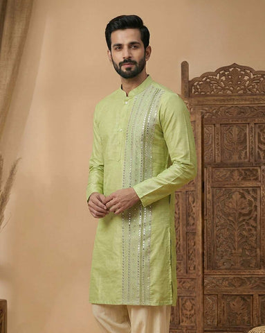 Men's Lime Green Silk Blend Kurta with Vertical Mirror Work Embroidery