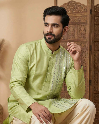 Men's Lime Green Silk Blend Kurta with Vertical Mirror Work Embroidery