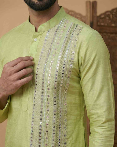 Men's Lime Green Silk Blend Kurta with Vertical Mirror Work Embroidery