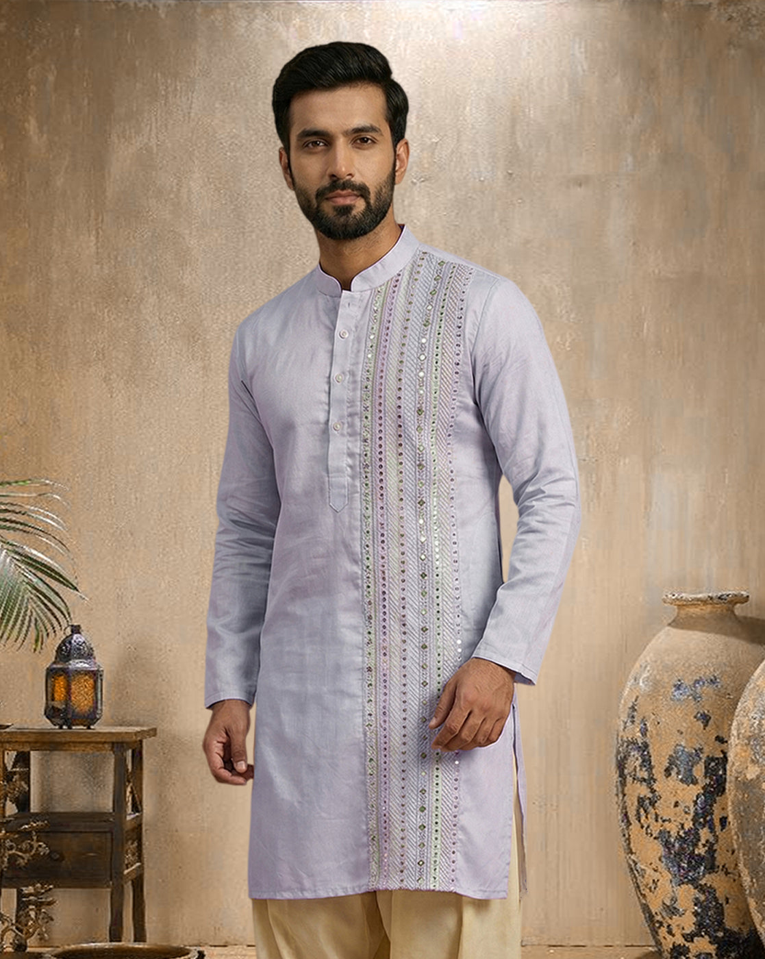 Lavender Men's Kurta with Vertical Mirror Work Embroidery