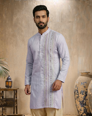 Lavender Men's Kurta with Vertical Mirror Work Embroidery