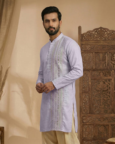 Lavender Men's Kurta with Vertical Mirror Work Embroidery