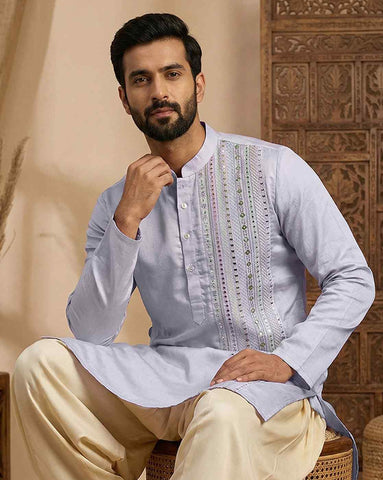 Lavender Men's Kurta with Vertical Mirror Work Embroidery