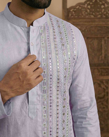 Lavender Men's Kurta with Vertical Mirror Work Embroidery