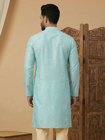 Sky Blue Silk Blend Kurta with Vertical Mirror Work Embroidery