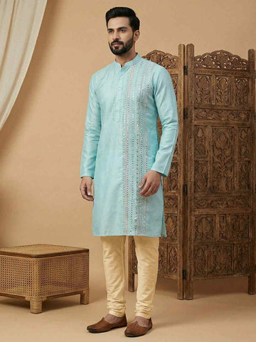 Sky Blue Silk Blend Kurta with Vertical Mirror Work Embroidery