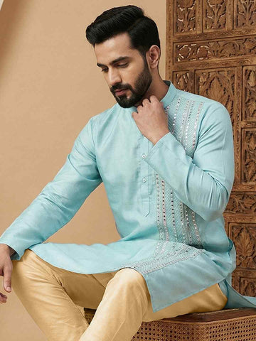 Sky Blue Silk Blend Kurta with Vertical Mirror Work Embroidery