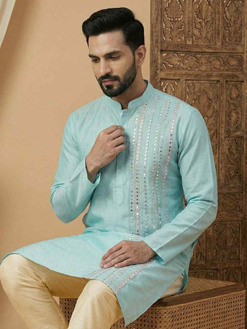 Sky Blue Silk Blend Kurta with Vertical Mirror Work Embroidery